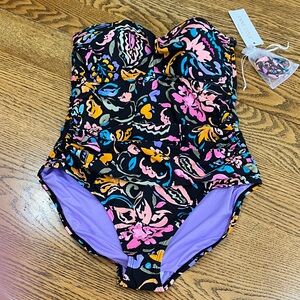 Anne Cole Women’s Black Floral One-Piece Swimsuit with Purple Lining NWT